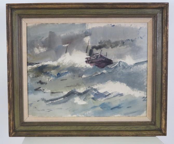 &#8220;Stormy Night&#8221; Casein on Paper Painting by 1950s NYC Artist