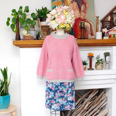 Vintage 1990s Stretchy Knit Skirt - Blue &amp; Pink Floral Elastic Waist Sexy Skirt - M/L 