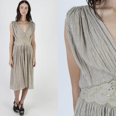 Taupe Gauze Dress / Thin Gold Metallic Threads / Ethnic Crochet Waistband / Vintage 80s Grecian Toga Party Midi Dress 