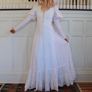Vintage 70s Gunne Sax White Lace Corset Bodice Ruffle Hem Maxi Length Wedding Dress Women's Size XXS XS 
