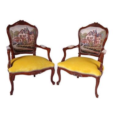 FRENCH LOUIS XVI Chairs. Bergere Armchairs, Velvet, (Set of 2) 