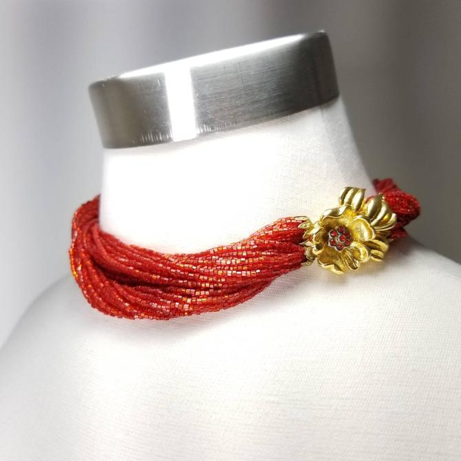 Red & gold seed bead multistrand necklace