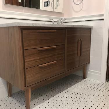 NEW Hand Built Mid Century Style Bathroom Vanity Cabinet - Walnut 3 drawer / double door with straight leg ~ FREE SHIPPING! by draftwooddesign