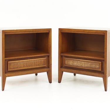 Century Furniture Mid Century Walnut and Cane Front Nightstands - A Pair - mcm 