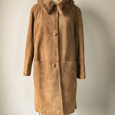 1960s Coat Brown Leather Suede Fur Collar S 