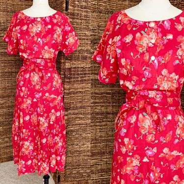 Laura Ashley Floral Dress, Pleats, Red Floral, Made Great Britain, 80s 90s Vintage Size 6 US / 8 UK 