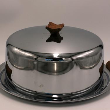 vintage stainless steel cake plate with cover and wood handles 
