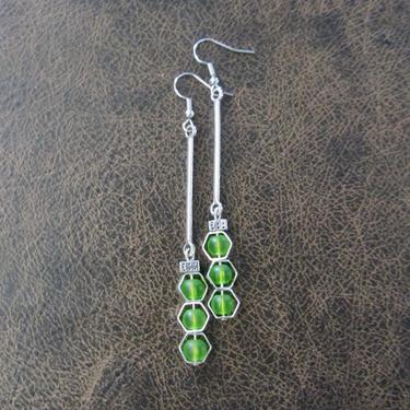 Long sea glass earrings, bohemian beach earrings, bold earrings, boho earrings, green dangle earrings, geometric hexagon earrings, artisan 