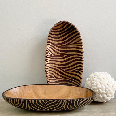 Kenyan Hand Painted Carved Wooden Bowl Set Nesting Bowls Pair Black Zebra Design Tribal African Decor 