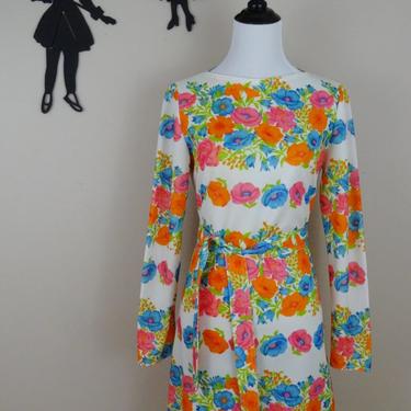 Vintage 1960's Floral Dress / 60s Polyester Day Dress S  tr 