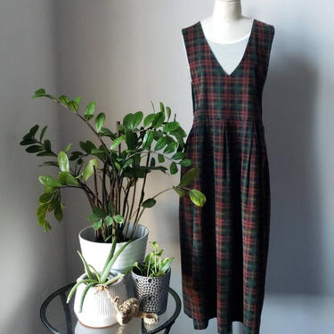 Vintage Plaid Corduroy Jumper Midi Dress| 90s Karen Scott Plaid Dress| Preppy Plaid Grunge Dress 