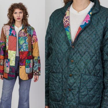 Vintage Reversible Quilted Silk Patchwork Jacket - Large | 80s 90s Collared Boho Metal Button Lightweight Coat 