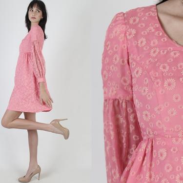 Vintage 60 Pink Chiffon Dress / 1960s Velvet Daisy Floral Dress / Full Skirt Easter Spring Cocktail Party Mini Dress 