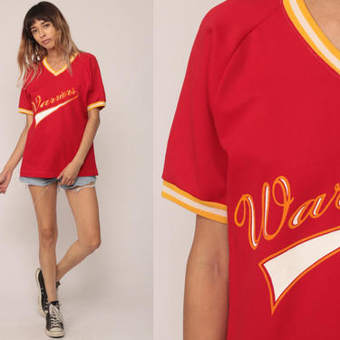 Baseball Tee Ringer Shirt WARRIORS 11 Red Shirt V Neck TShirt 80s T Shirt Graphic Sports Shirt Retro Raglan Sleeve Vintage Medium 