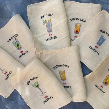 Mid Century Embroidered Cocktail Napkins, Hand Stitched Drinks, Barware, Bar Decor, Embroidery Small Cloth Napkins 