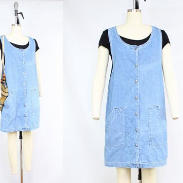 Vintage 90's Denim Button Front Jumper Dress / 1990's Blue Jean Dress with Pockets / Minimalist / Women's Size Medium - Large by Ru