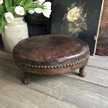 French Leather Foot Stool, Ottoman, Brass Studs, Chateau Decor 