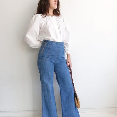 Vintage 70s Zipper Denim Bell Bottoms/ 1970s High Waisted Sailor Style Jeans/ Exposed Zippers/ Size 27 