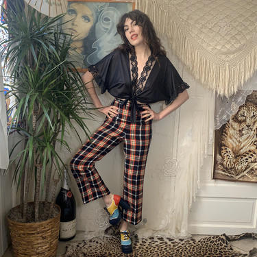 70’s PLAID PANTS - high-waisted - black red white yellow - hourglass - x-small 