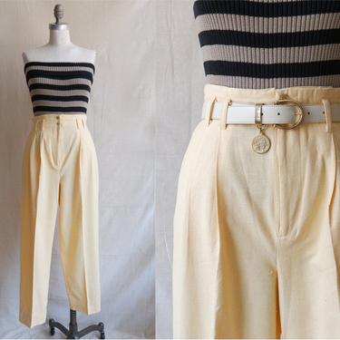 Vintage 80s Butter Silk Trousers/ 1980s High Waisted Light Yellow Pants/ Linen Feel/ Size Medium 