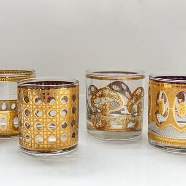 Vintage Culver glassware 4 Mismatched gold whiskey tumblers • Scotch rocks glasses • MCM barware set w/ Mushroom Cannella Antigua & Regency 