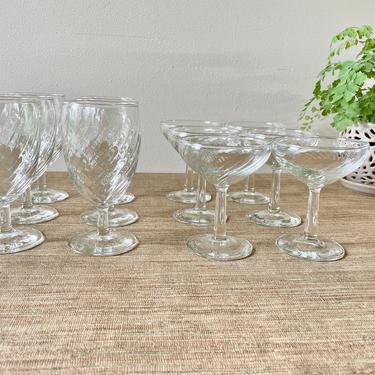 Vintage Glasses - Water Goblets - Sherbert Goblets - Swirl Design Glassware - Set and 12 - Clear Glass Stemware Wedding Gift 