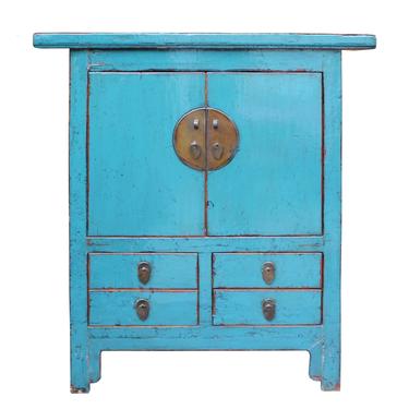 Chinese Distressed Rustic Bright Light Blue Foyer Credenza Table Cabinet cs4911S