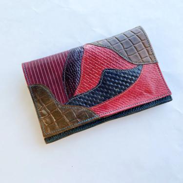 1980s Red Leather Purse | 80s Red  Embossed Leather Clutch | Red Patchwork Purse 