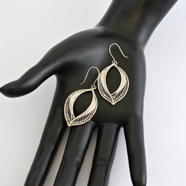 80's fine silver filigree unusual abstract leaf hippie couture dangles, detailed elegant 960 silver big curved open leaves boho earrings 