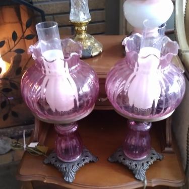 VINTAGE (2) Lamps, Cranberry Flashed Glass, Victorian Parlor, Pink,  GWTW Style, Farmhouse Decor Pair of Lamps 