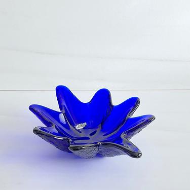 Vintage Mid Century Modern Blenko Art Glass 1970s Cobalt Blue Leaf Bowl 