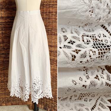Linen Midi Skirt, Battenberg Lace, Cotton, Size 14 