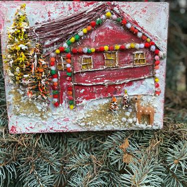 Vintage Red Barn Reindeer Christmas Artwork on Canvas ~ Christmas Hanging Decorations ~ Handmade ~ Boho Christmas - Farmhouse Art on Canvas 