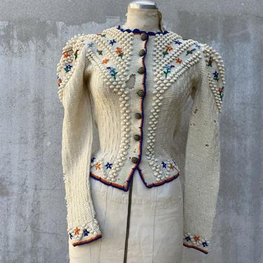 Vintage 1930s Popcorn Knit Sweater Cardigan Cream Wool Flower Embroidery Puff