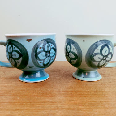 Vintage Stoneware (2) Pedestal Mugs | Flower Blue Green | Japan 