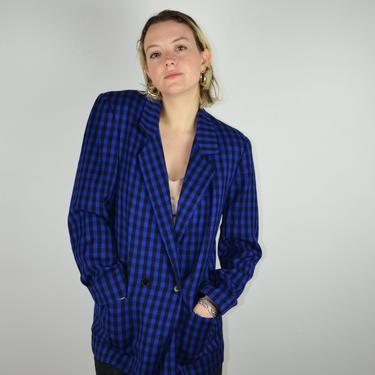 Vintage 80s Blazer / 1980s Plaid Wool Blazer / Blue Black Checkered Gingham Wool / Shoulder Pads / Double Breasted / Medium 