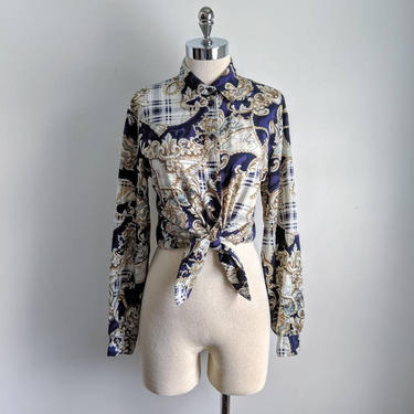 vintage 80's oversized scroll print blouse in blue size M-L by BetaGoods