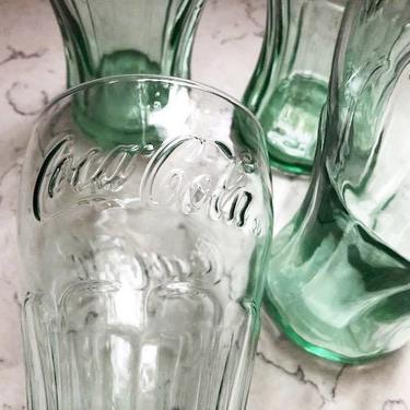 Vintage Set of 4 Embossed Coca Cola Logo Libby Green Glass 12 oz, Tinted Green Glass Coca Cola Drinking Glasses by LeChalet