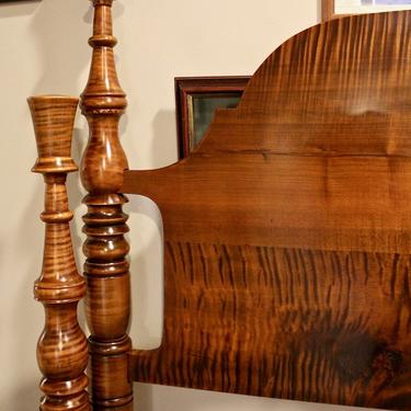 Delicate Thistle Top &amp; Vase Bed in Tiger Maple. Original Posts Circa 1820, resized to Queen