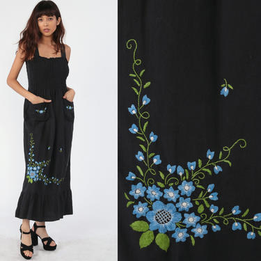 Black Embroidered Sun Dress Floral SunDress Boho Dress Maxi Smocked Dress High Waist Bohemian Hippie Cotton Vintage Summer Small Medium 