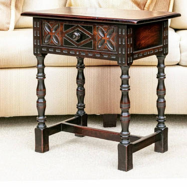 Vintage Carved Country English Jacobean Tudor H Joint Side Table by Buffalo 