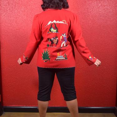 1950s Mexican Embroidered Red Wool Jacket 