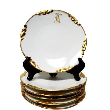 Jean Pouyat Limoges Gold and White Bone China Luncheon Plates - Antique Fine China Set of 6 