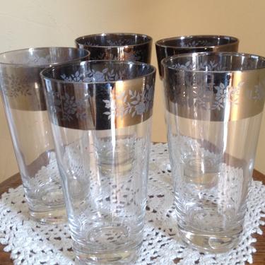 Gorgeous Guardian Service Ombre Set of (5) tumblers Silver Kimiko cocktail highball tumblers floral  silvered glass 