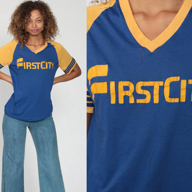 80s Ringer Tee Shirt Thin Worn Shirt First City Bank T Shirt Houston V NECK Tshirt Raglan Sleeve Striped Blue Yellow Vintage Small Medium 