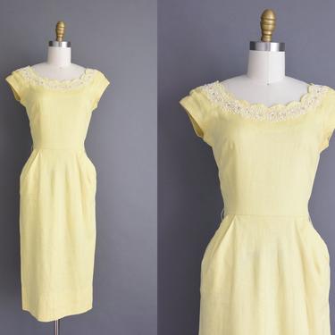 vintage 1950s dress - Butter yellow linen scallop cut bridesmaid cocktail wiggle dress - Size XS Small - 50s dress 