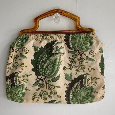 1950s Botanical Print Fabric Knitting Bag Purse Vintage 