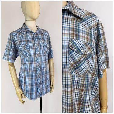Vtg 80s Rustler Blue Plaid Western Pearl Snap Shirt / Short Sleeve Mens Cowboy Workwear / 3X 