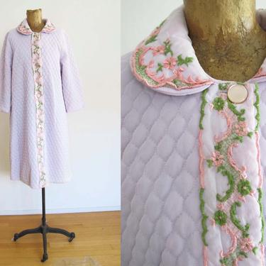 Vintage 60s Pastel Quilted Robe Jacket - 1960s Lavender Purple Floral Duster Robe - Vintage House Coat - Pin Up Rockabilly Clothing 