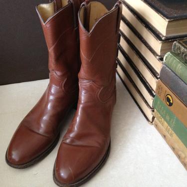 Vtg Justin Cognac Brown Leather Roper Riding Boots Size 9.5 D 